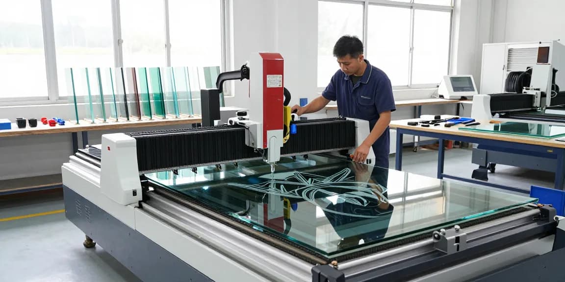 CNC glass cutting machine in action, showcasing advanced technology in a modern glass workshop.