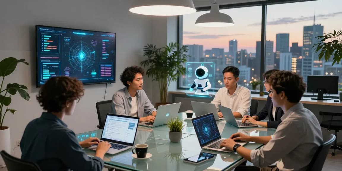 Dynamic workspace showcasing AI agents enhancing collaboration among professionals in a tech environment
