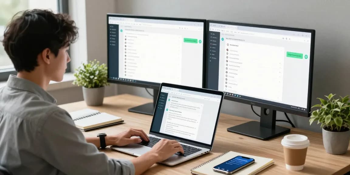 Using WhatsApp網頁版 in a modern office workspace with laptop and notifications.