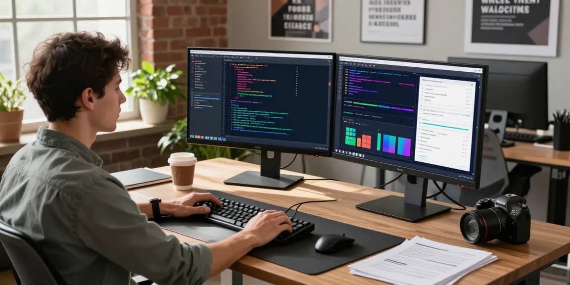 openclaw software development workspace with dual monitors and coding activity in a modern office