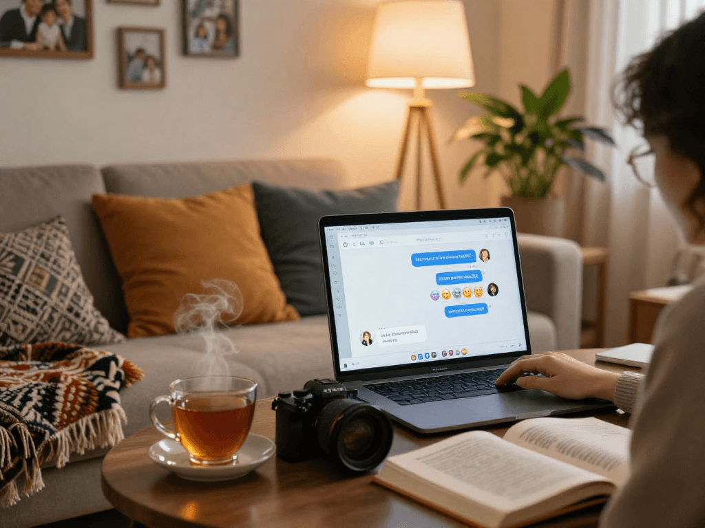 Engaging free AI sex chat scene with a cozy living room, laptop and warm ambiance.