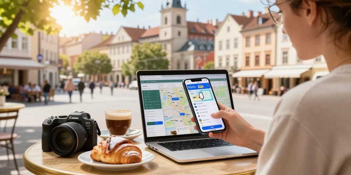 Conectividade eSIM Viagem em café europeu com dispositivo eSIM e laptop.