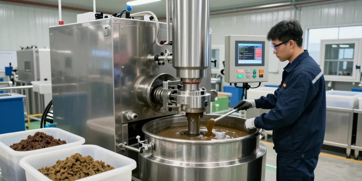Industrial technician operating advanced sludge dewatering centrifuge in a clean manufacturing facility for efficient waste management.