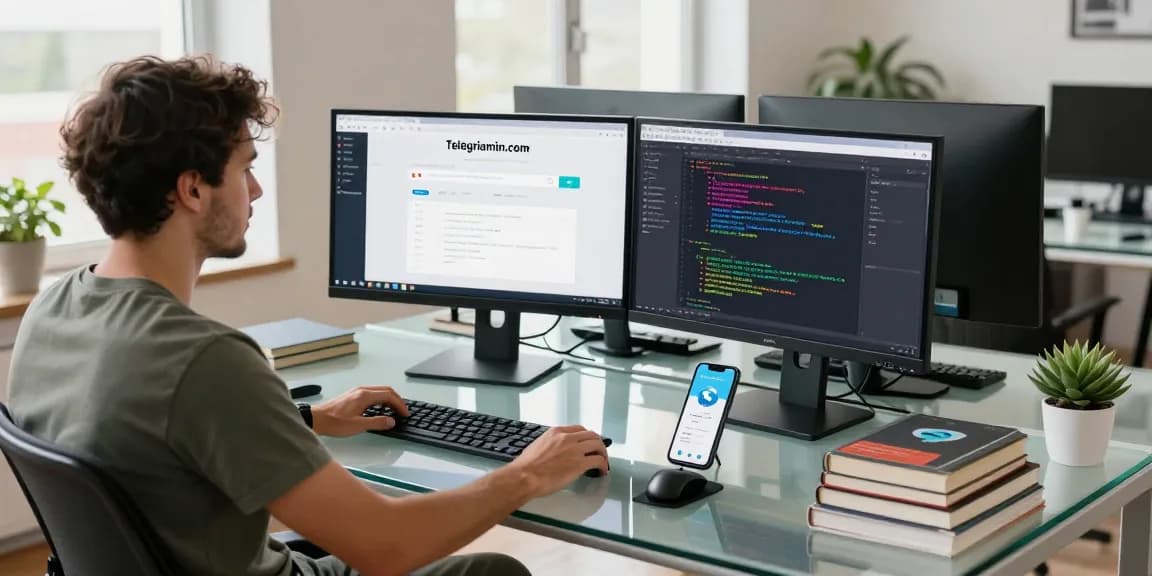 Engineer using telegraimin.com platform in a modern workspace with multiple screens.