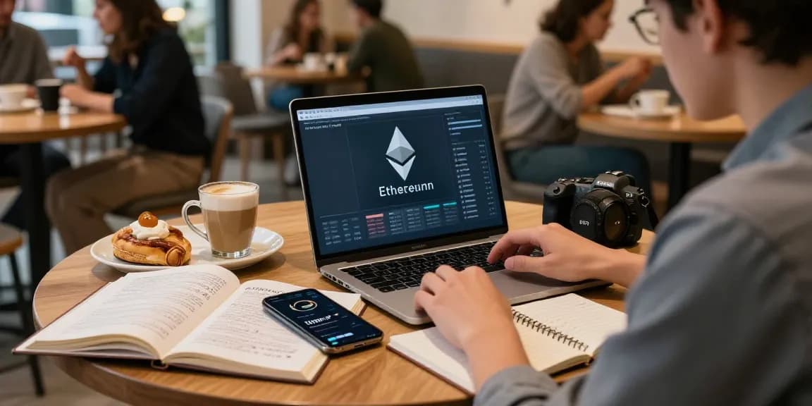 Funexchange crypto trading in a coffee shop with blockchain studies, showing laptops and digital wallets.