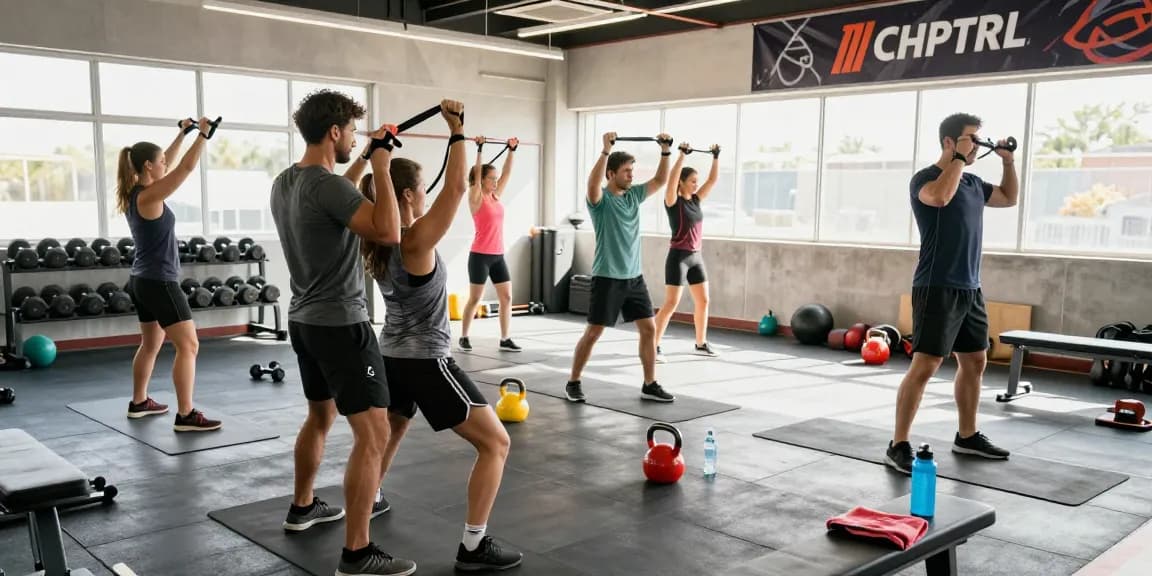 Active individuals training at a modern gym promoting the Deus Medical Shop for quality supplements.