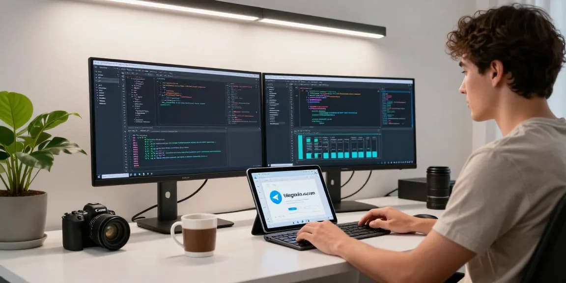 Developer at modern desk coding for telegramin-cn.com with high-tech gadgets in a bright workspace.