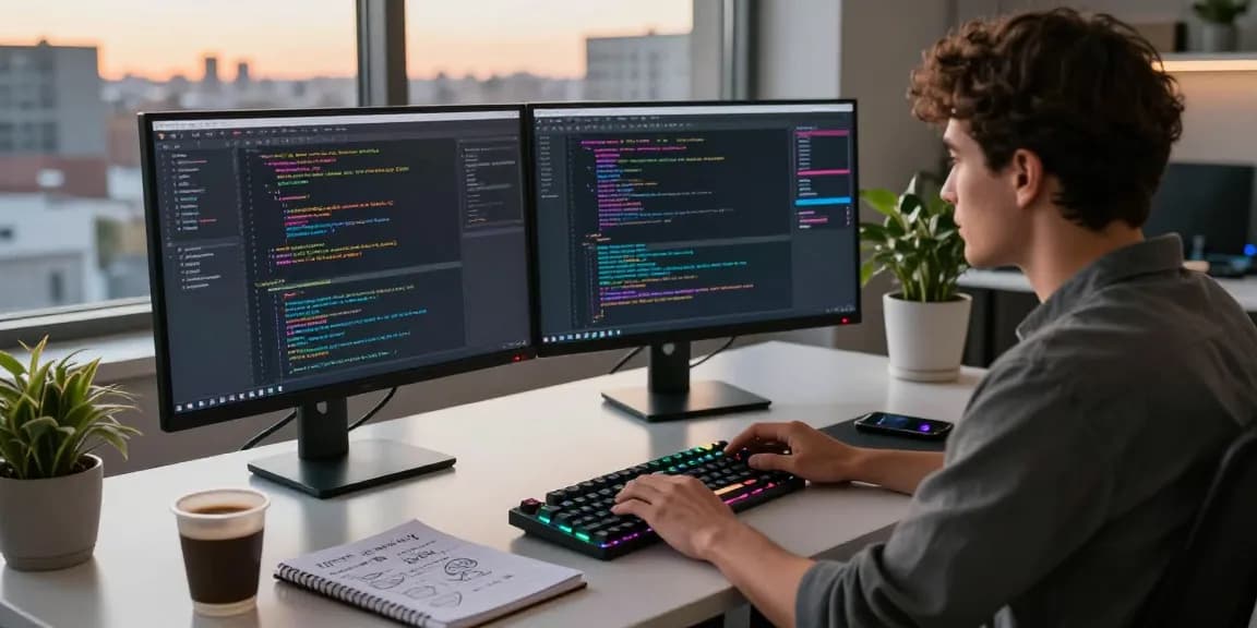 Developer coding on dual monitors, showcasing 纸飞机中文版 in a modern tech workspace.