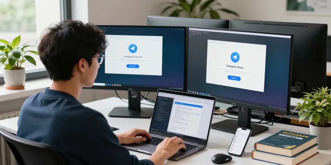 telegram china install guide with a developer showcasing the Telegram installation process on dual monitors in a modern workspace.