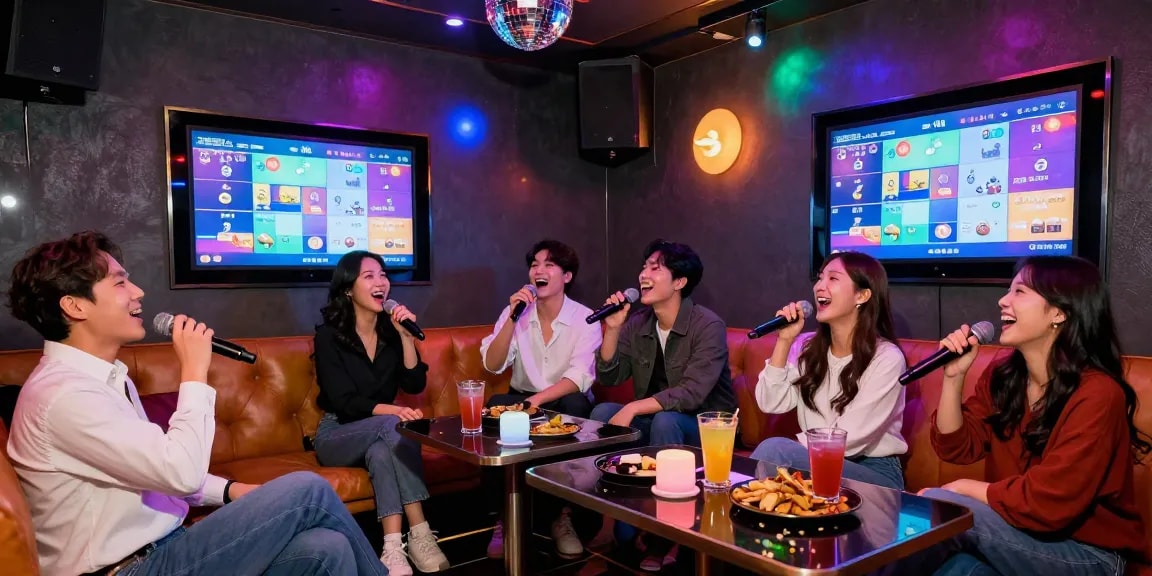 Friends enjoying a lively 강남노래방 karaoke session with vibrant lighting and modern decor.