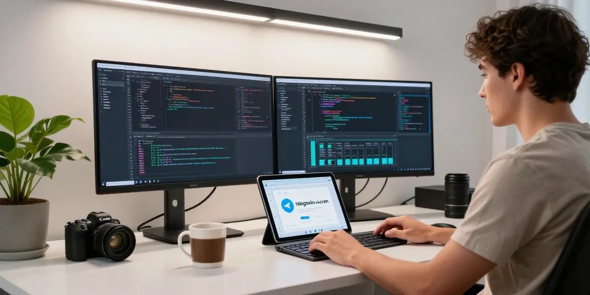 Developer at modern desk coding for telegramin-cn.com with high-tech gadgets in a bright workspace.