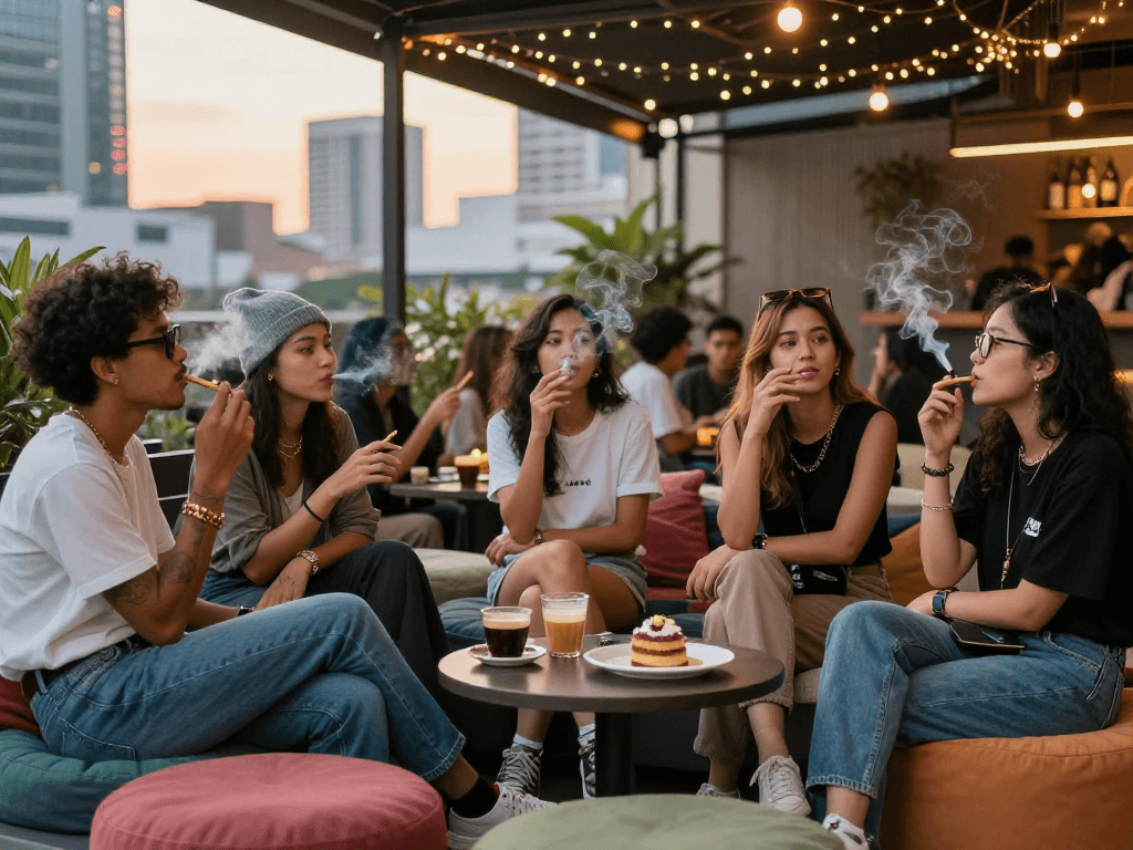 Group of friends enjoying rokok 88 at a trendy urban café, showcasing vibrant social atmosphere.