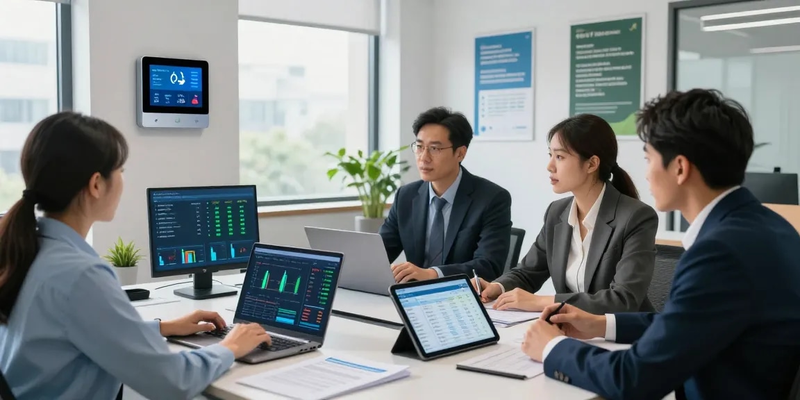 Business professionals discussing business electricity VAT rate strategies in a modern office.