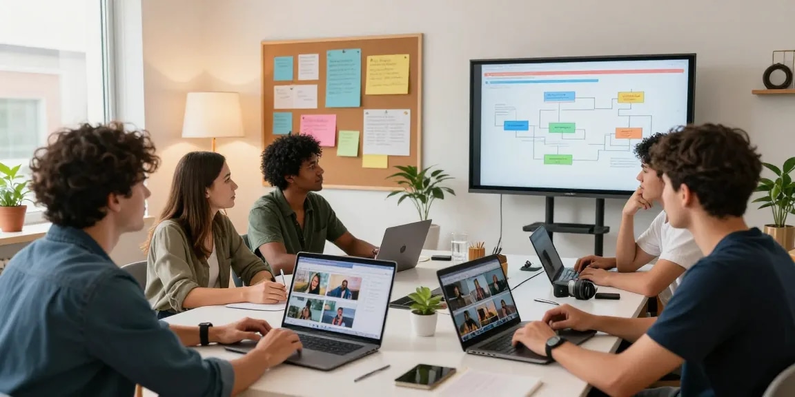 Collaborative team using seedance 2.0 for innovative video production in a bright workspace.