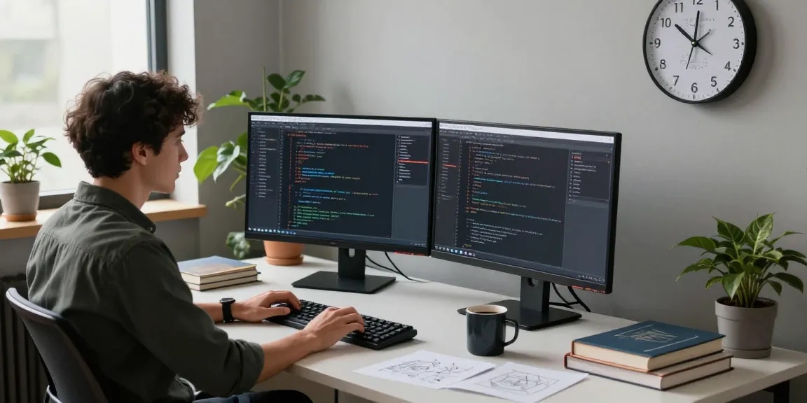 Developer coding at workspace with dual monitors showcasing algorithms for teiegramin.com, modern design and collaborative atmosphere.