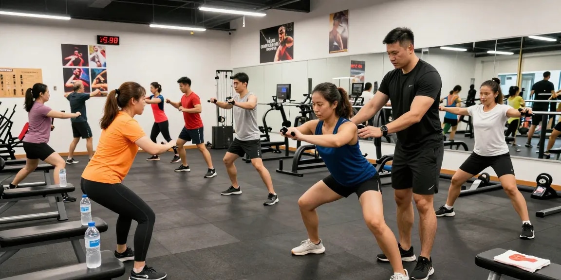 Beligas Shop: Active individuals training in a modern gym, showcasing diverse fitness routines and a vibrant atmosphere.