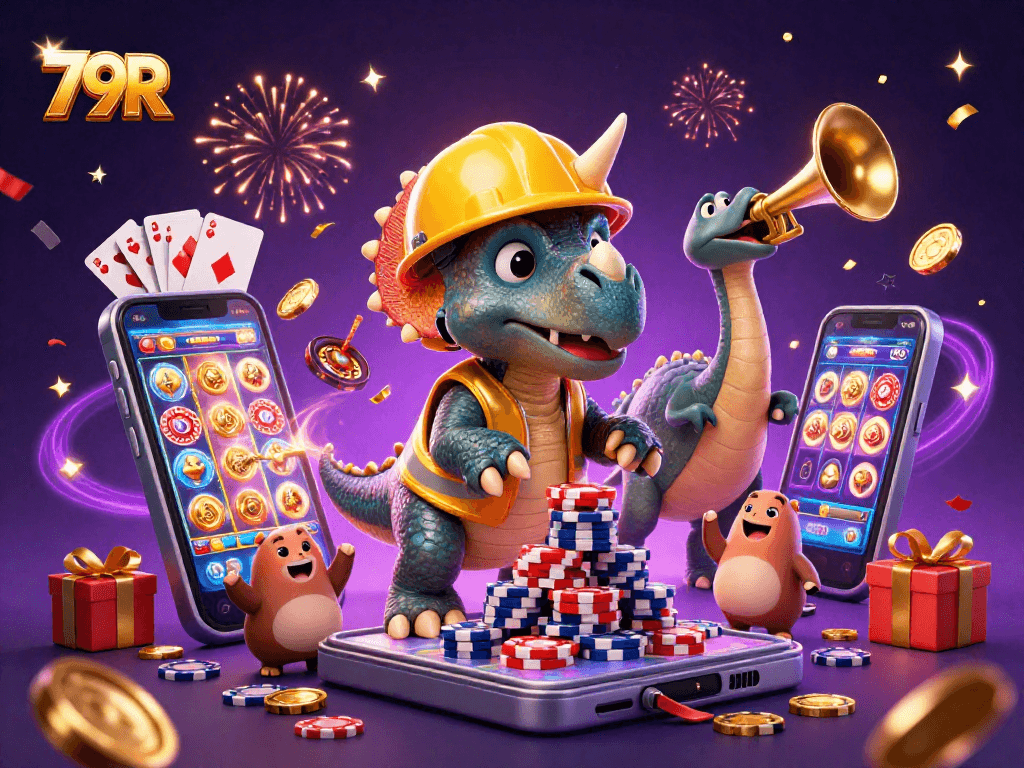 79R traz um tricerátopo construindo pilhas de fichas de poker, com elementos de cassino vibrantes celebrando.