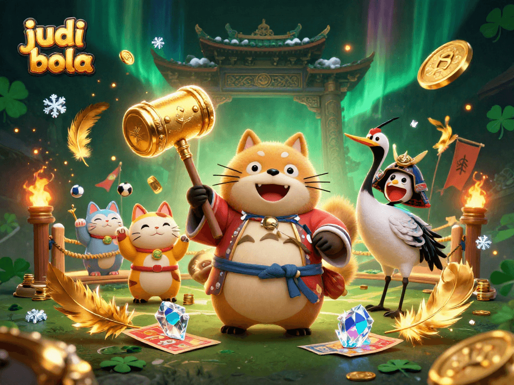 Engage in exciting judi bola with a cheerful tanuki holding a golden mallet amidst vibrant colors.