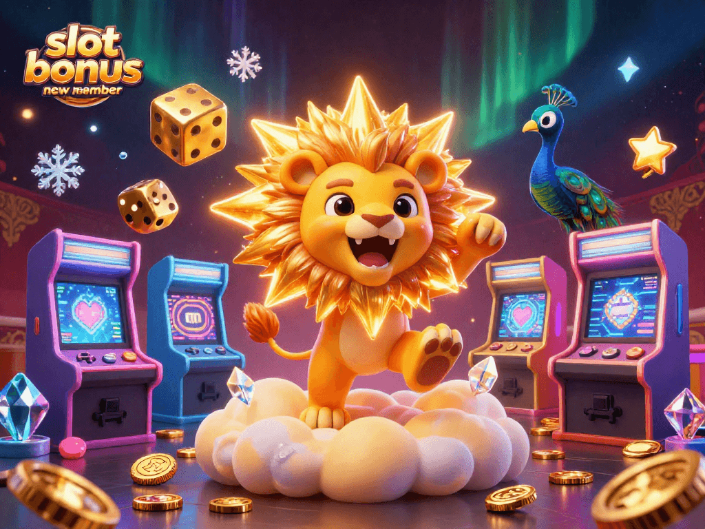 Experience thrill with the slot bonus new member, dazzling golden lion and game elements in an action-packed casino scene.