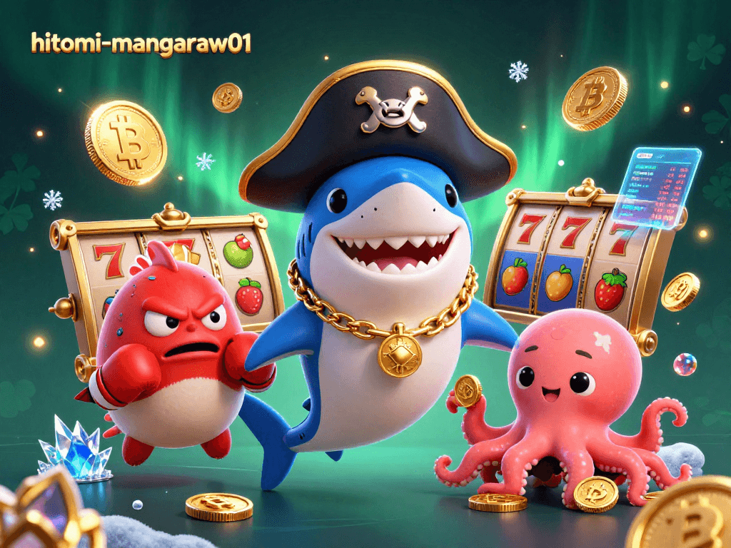 Win big with hitomi-mangaraw01 in this vibrant 3D casino scene featuring animated sea creatures and rich gaming elements.
