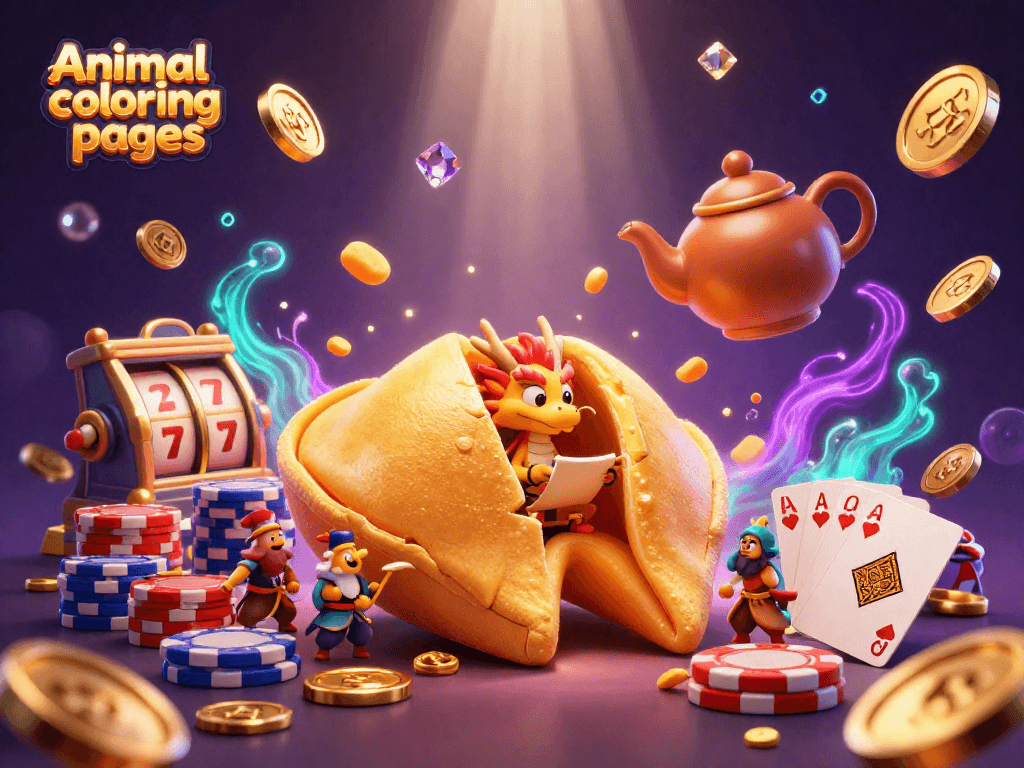 Play Animal coloring pages with a vibrant 3D casino themed scene featuring lucky symbols and characters.