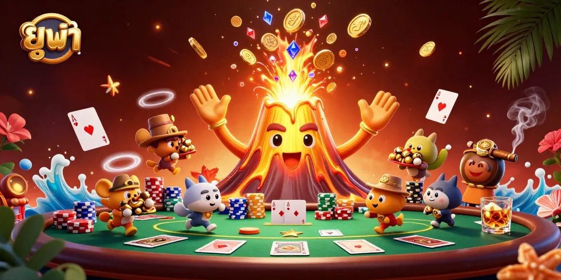 Experience thrilling gameplay at ยูฟ่า with a colossal golden volcano erupting treasure and poker excitement.