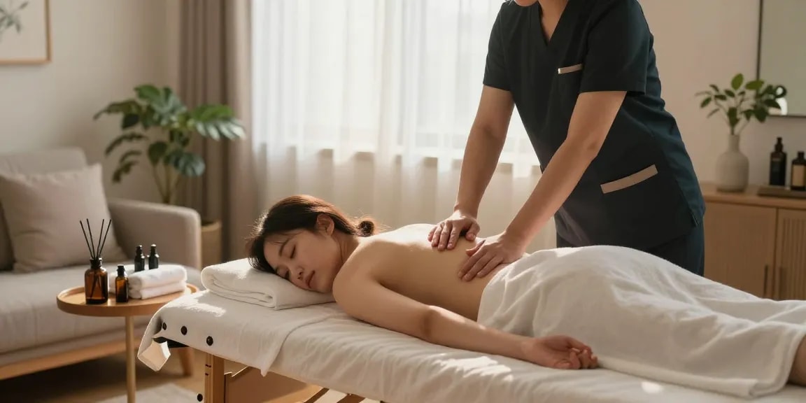 Professional providing 성남출장마사지 in a serene home environment with soothing atmosphere.