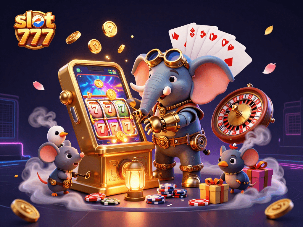 Experience the excitement of slot 777 with a vibrant steampunk elephant engineer operating a golden slot machine.