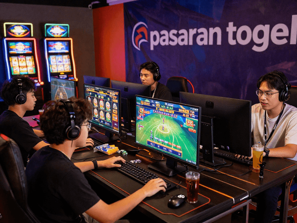 Engaged friends enjoying pasaran togel and online games in a lively atmosphere