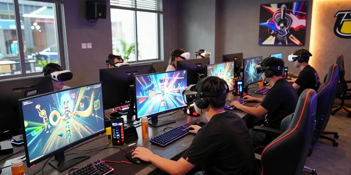 Gamers enjoying immersive PAKDE4D experience in modern gaming lounge with vibrant graphics.