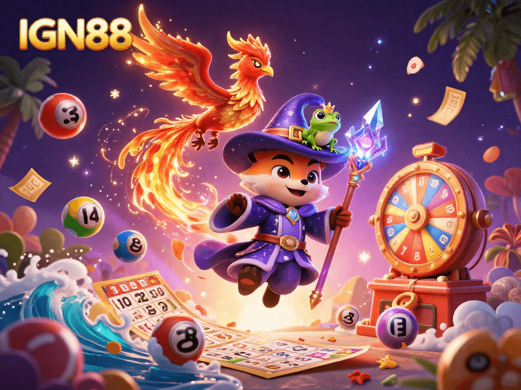 Engage in thrilling moments with IGN88 as colorful lottery balls and prizes dynamically surround a mystical wizard fox.