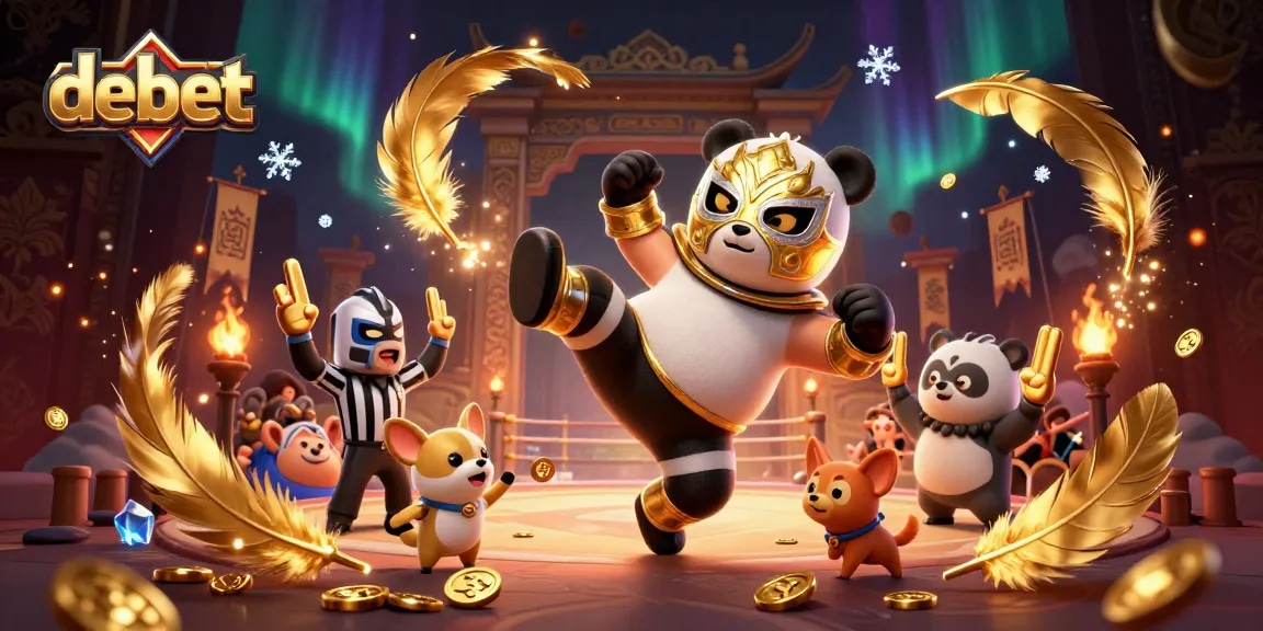 Join the excitement at debet with a dynamic scene of a wrestling panda, chihuahua referee, and wild animal fans celebrating