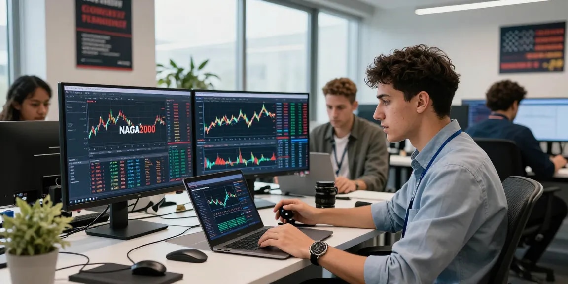 NAGA2000 trading scene with diverse traders analyzing market trends and data