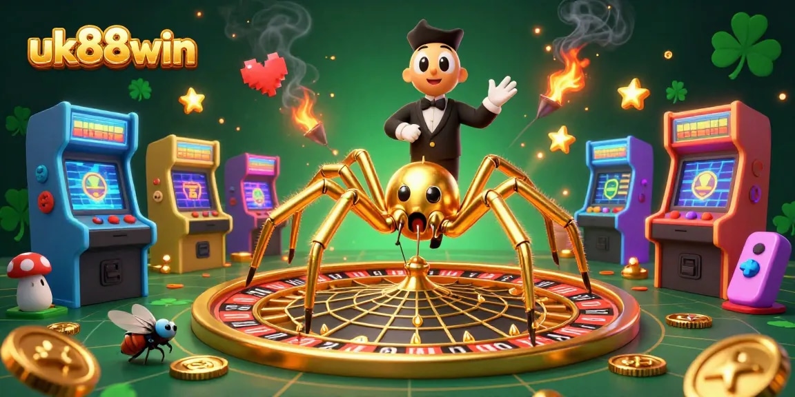 Bet with uk88win: a colorful scene featuring a golden roulette wheel and quirky characters in action.