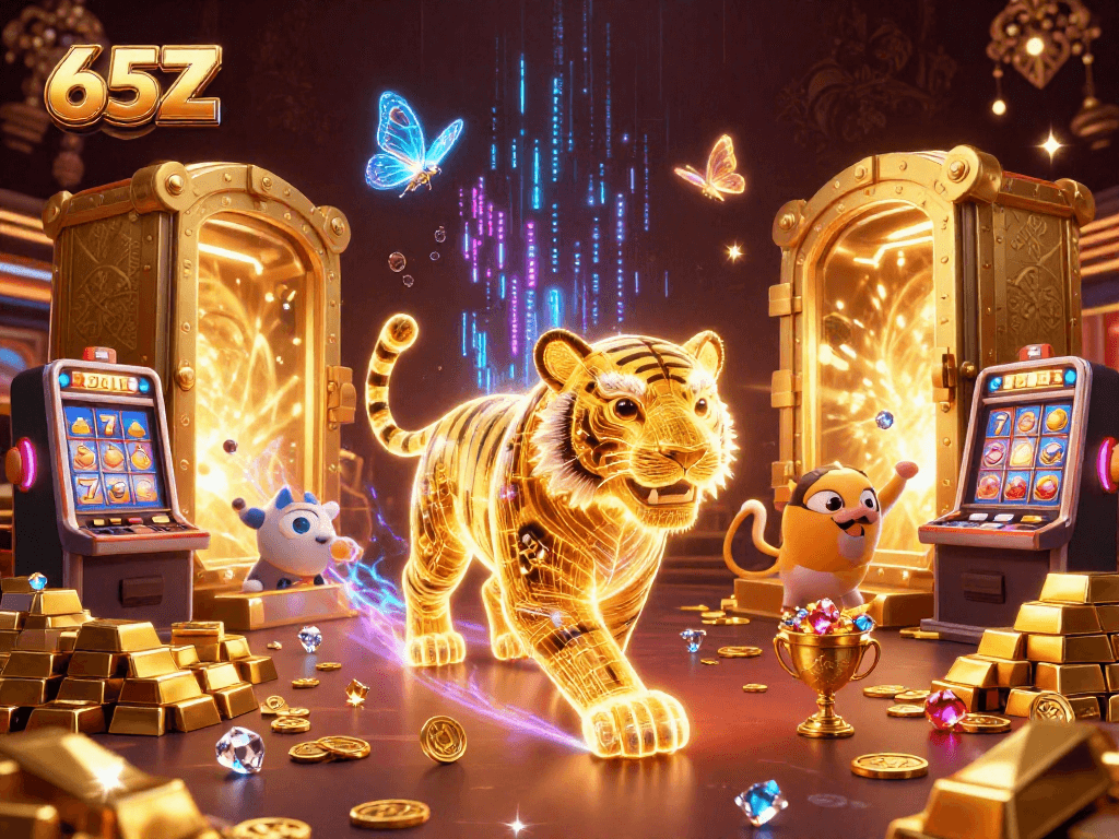 Atraia a sorte com 65Z, onde o tigre dourado e os caça-níqueis brilham em um cassino digital vibrante.