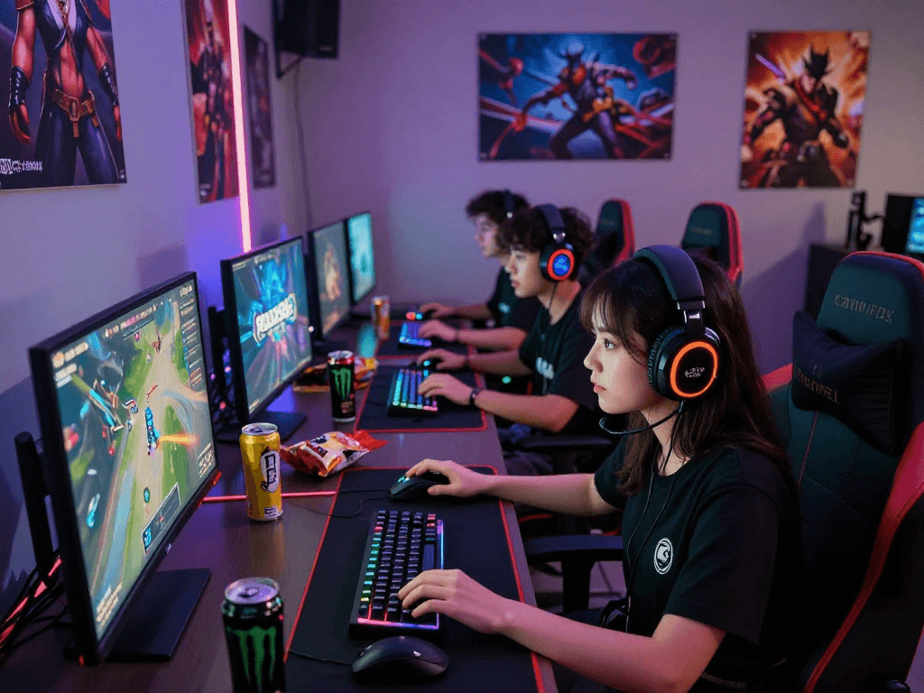 Gaming friends enjoying intense rokok88 session with vibrant setups and snacks