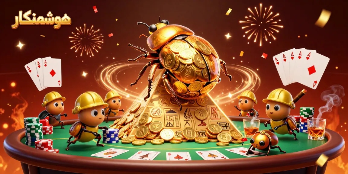 Experience the thrilling action of هوشمندکار as cartoon beetles roll golden coins amidst a vibrant casino scene.