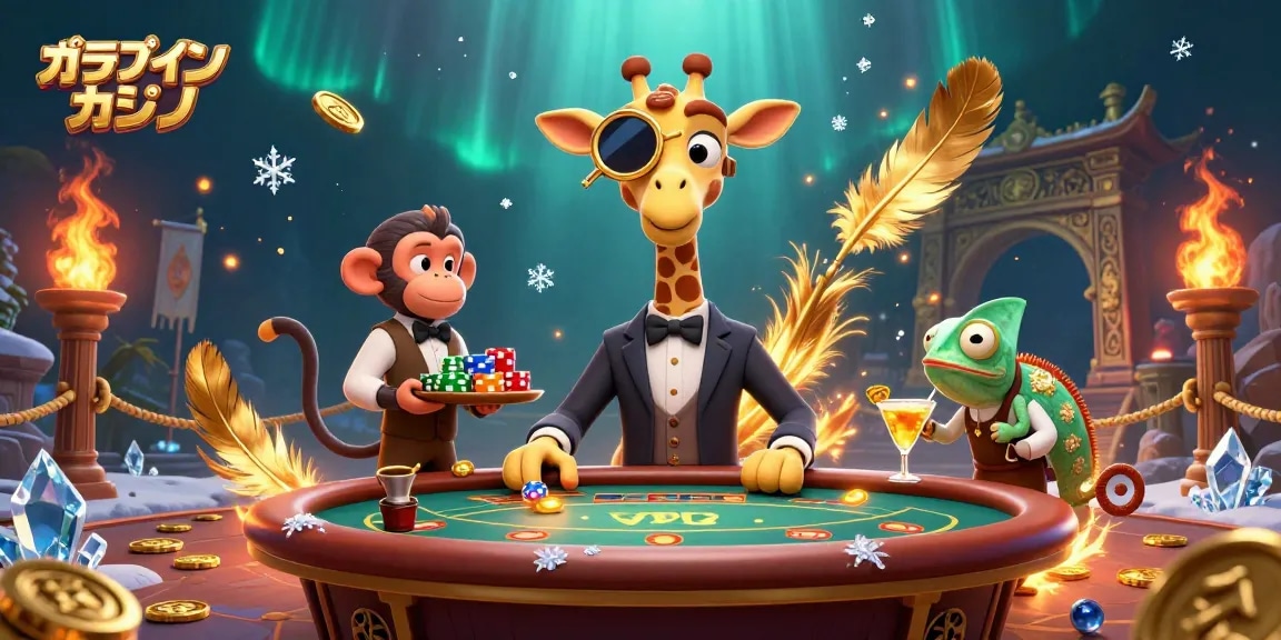 オンラインカジノの高額賭け giraffe が VIP ポーカー テーブルに寄りかかって、ゴールデン カクテルを作るバーテンダーとともに賑やかな場面を描写しています。