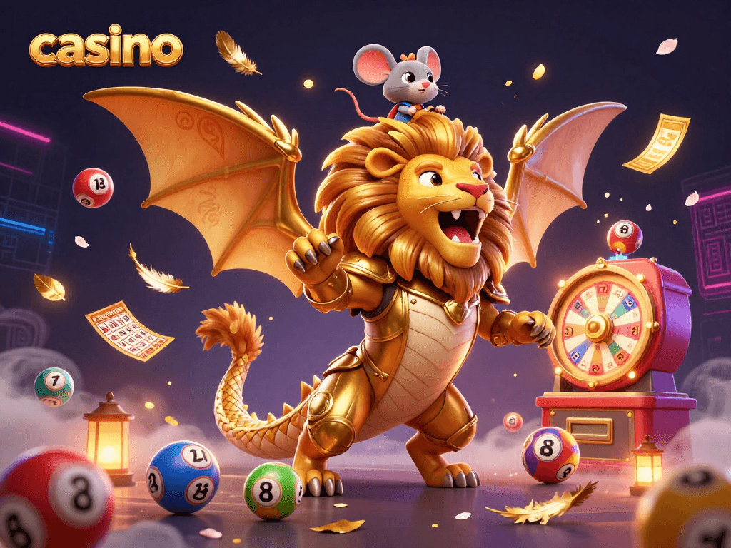 Engaging casino-themed illustration featuring a chimera in golden armor, lottery balls, and a prize wheel.