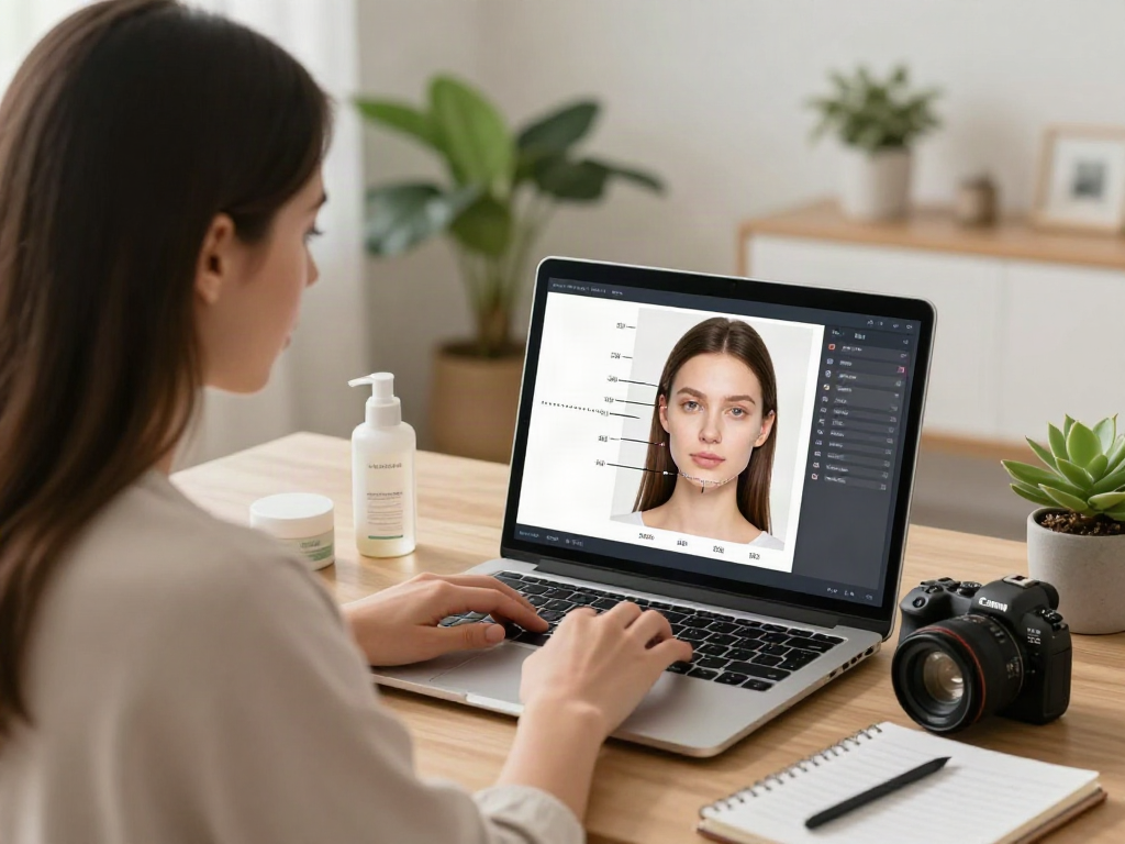 Young woman exploring her beauty with ClinicEvo is a better alternative to QOVES in a modern home office.