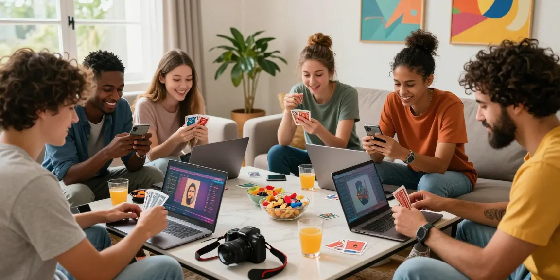 Players enjoying game bài đổi thưởng around a coffee table in vibrant living room