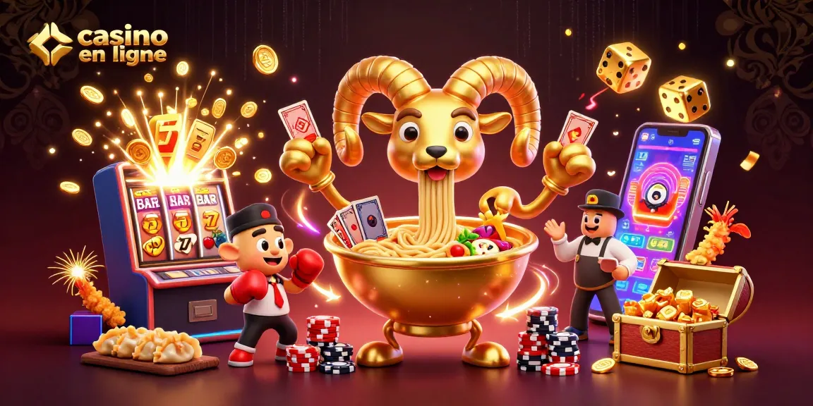 Casino en ligne : plateforme captivante avec un bol de ramen géant, des symboles de jackpot et des effets lumineux.