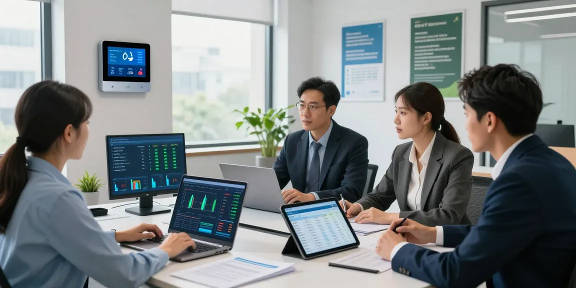 Business professionals discussing business electricity VAT rate strategies in a modern office.