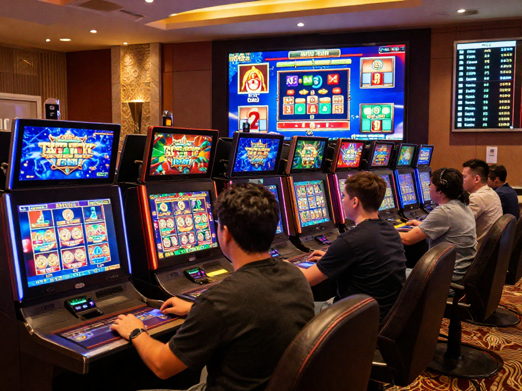 Players enjoying agen gacor with vibrant online slots and engaging graphics in a modern casino atmosphere.