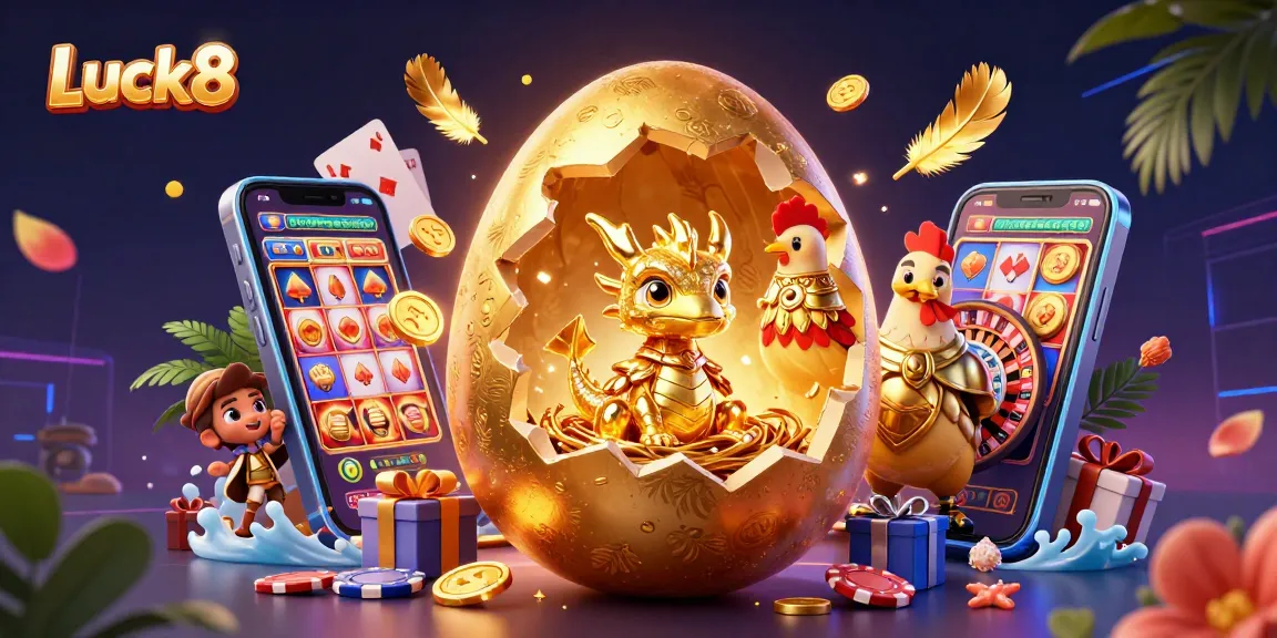 Experience thrilling gaming action at Luck8 with golden dragon, poker chips, and vibrant slot reels.