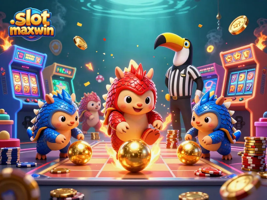 Experience slot maxwin action with animated pangolins, glowing arcade machines, and vibrant casino elements.