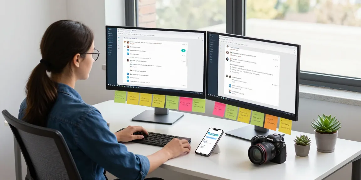 Engaging workspace showing 纸飞机中文版 on dual monitors with refreshing greenery.