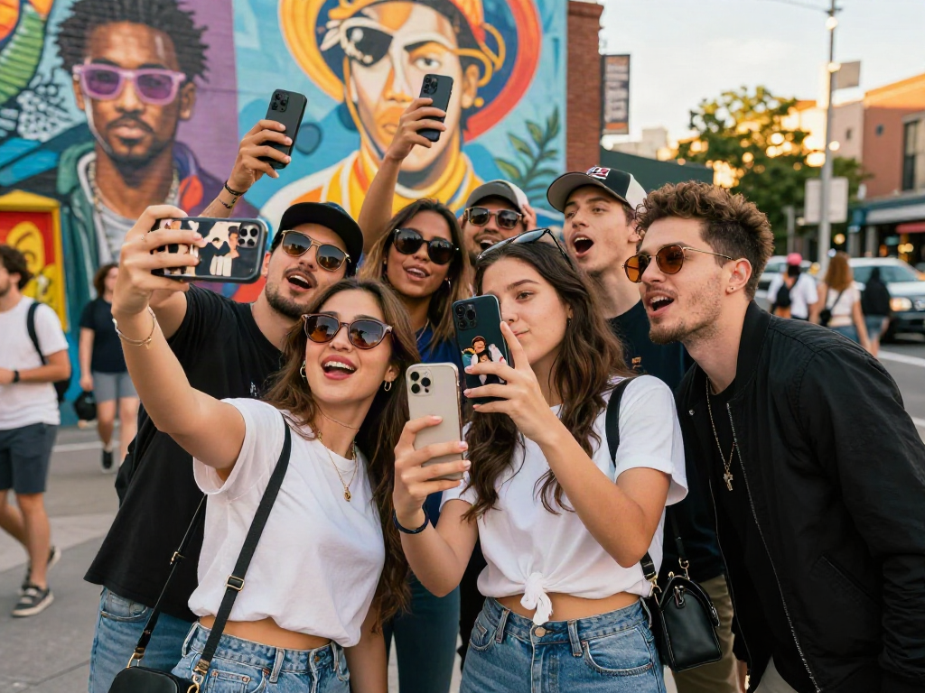 Friends comparing photos to see who looks like celebrities while enjoying a sunny urban afternoon.