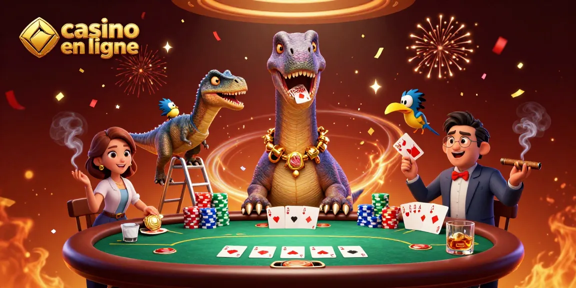 Jouez au casino en ligne avec une scène animée de dinosaures et de cartes.