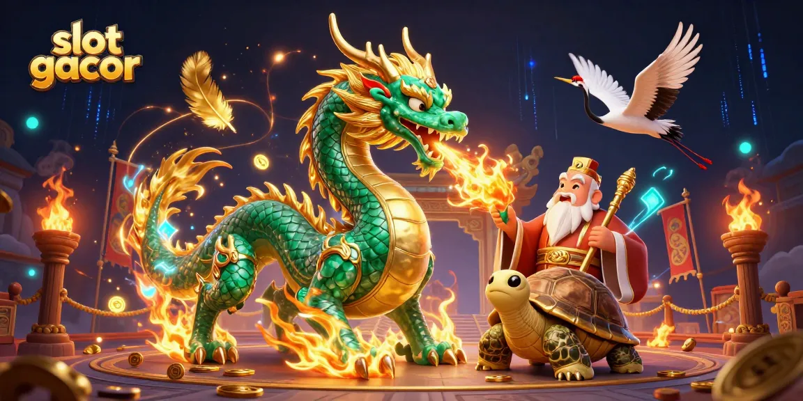 Engage with slot gacor action featuring a jade dragon, turtle sage, and lucky cranes in a vibrant casino scene.